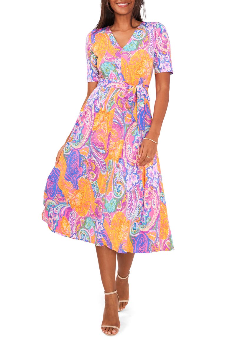 V-Neck Belted Midi Dress, Main, color, FUSCHIA/AQUA/MULTI