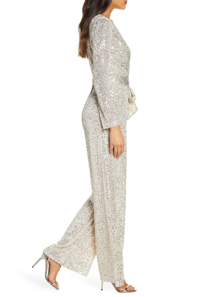 Sequin Wrap Front Long Sleeve Jumpsuit, Alternate, color, SILVER