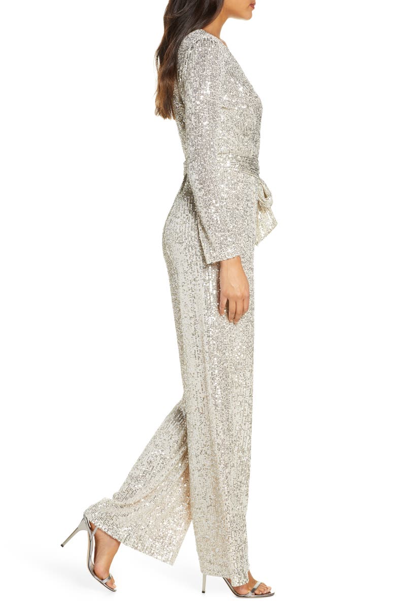 Eliza J Sequin Wrap Front Long Sleeve Jumpsuit, Alternate, color,