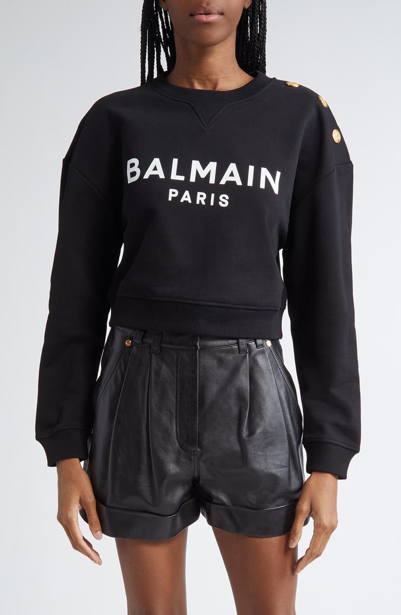 Balmain Crop Logo Graphic Sweatshirt, Main, color, Eab Black/ White