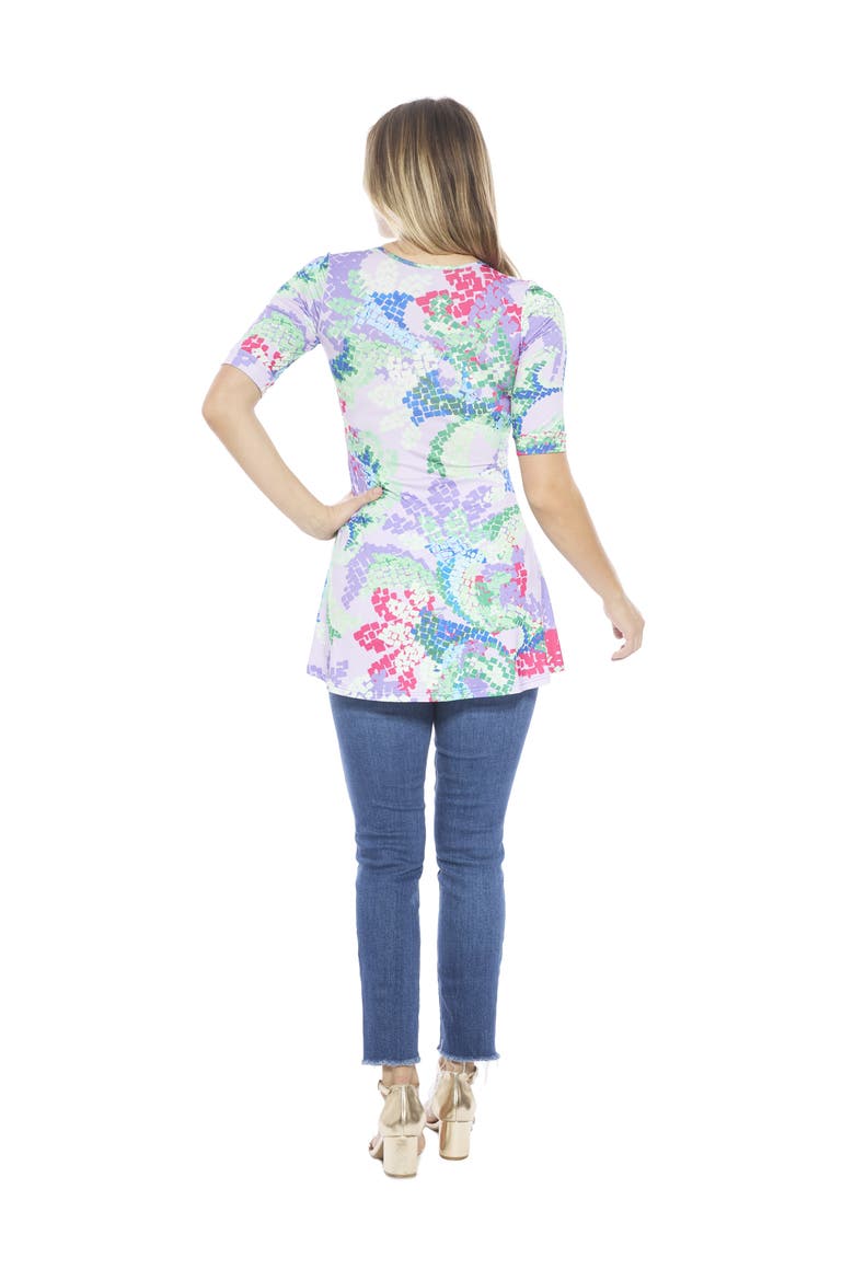 Womens Abstract V-Neck Elbow Sleeve Henley Tunic Top, Alternate, color, Purple Multi