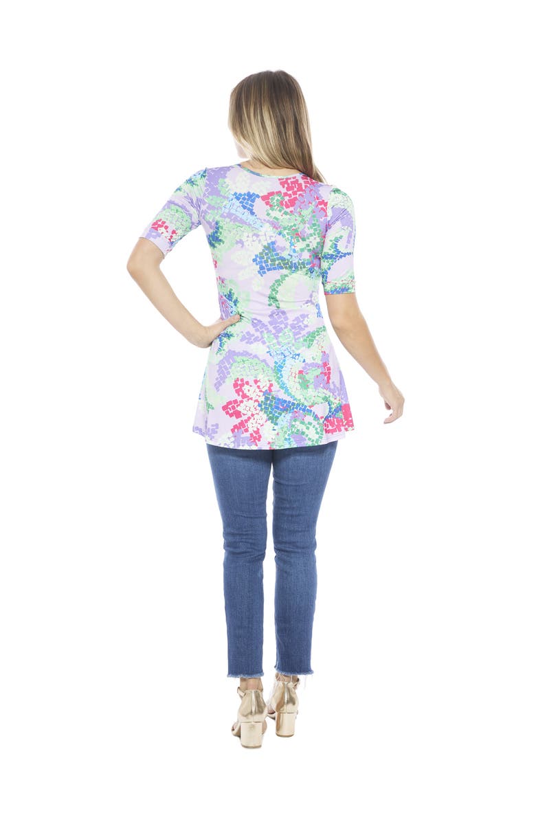 24seven Comfort Apparel Womens Abstract V-Neck Elbow Sleeve Henley Tunic Top, Alternate, color, Purple Multi