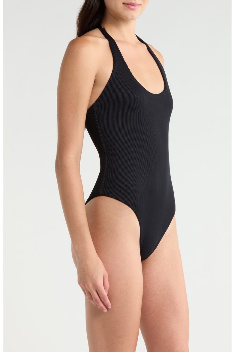 Scoop Neck Halter Cheeky One-Piece Swimsuit, Alternate, color, PITCH BLACK
