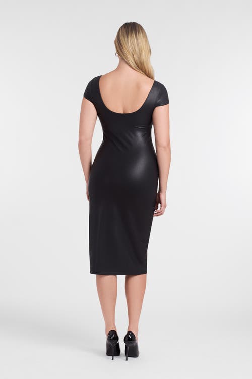 S3 Sculpting Shapewear Square Neck Cap Sleeve Faux Leather Midi Dress In Black