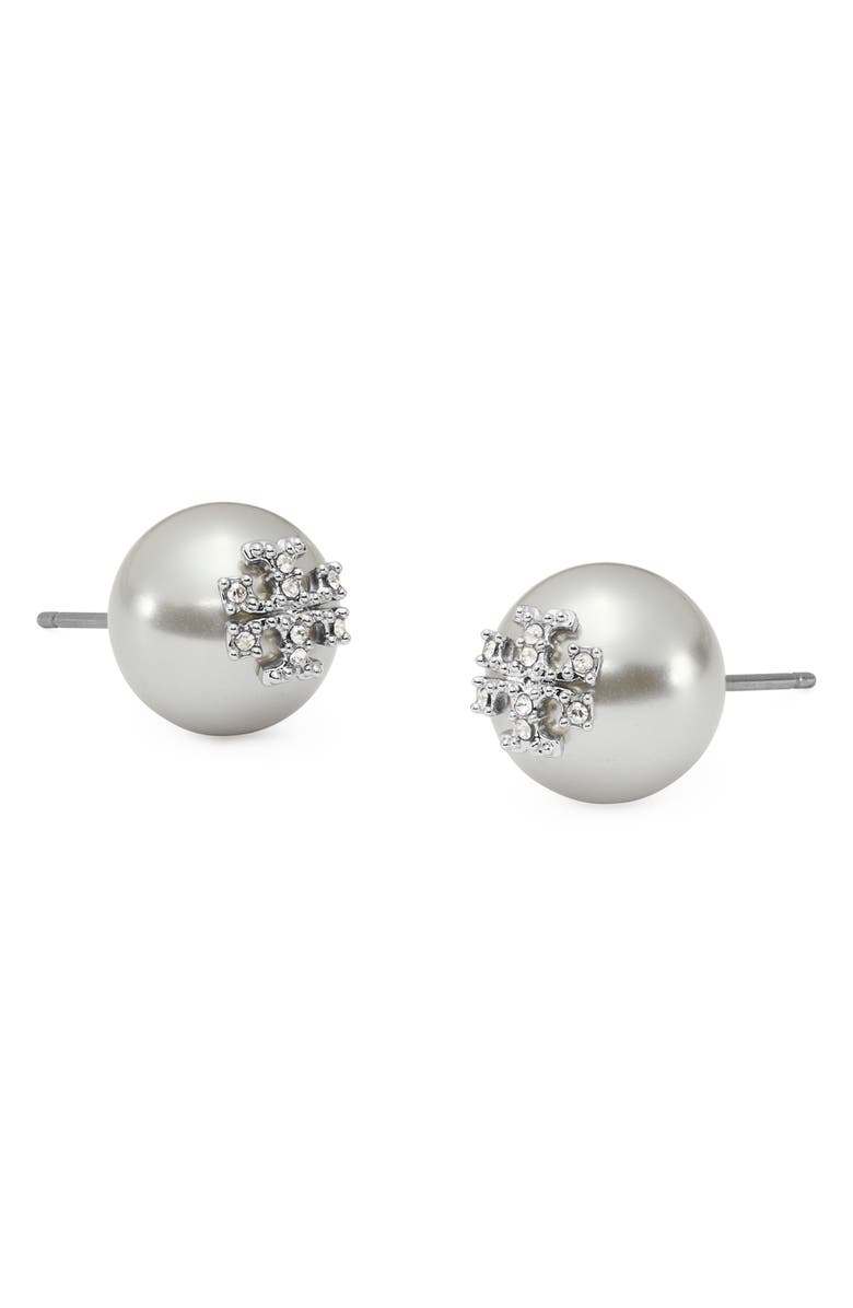 Tory Burch Moondance Pearl and Pavé Stud Earrings, Alternate, color, Gray