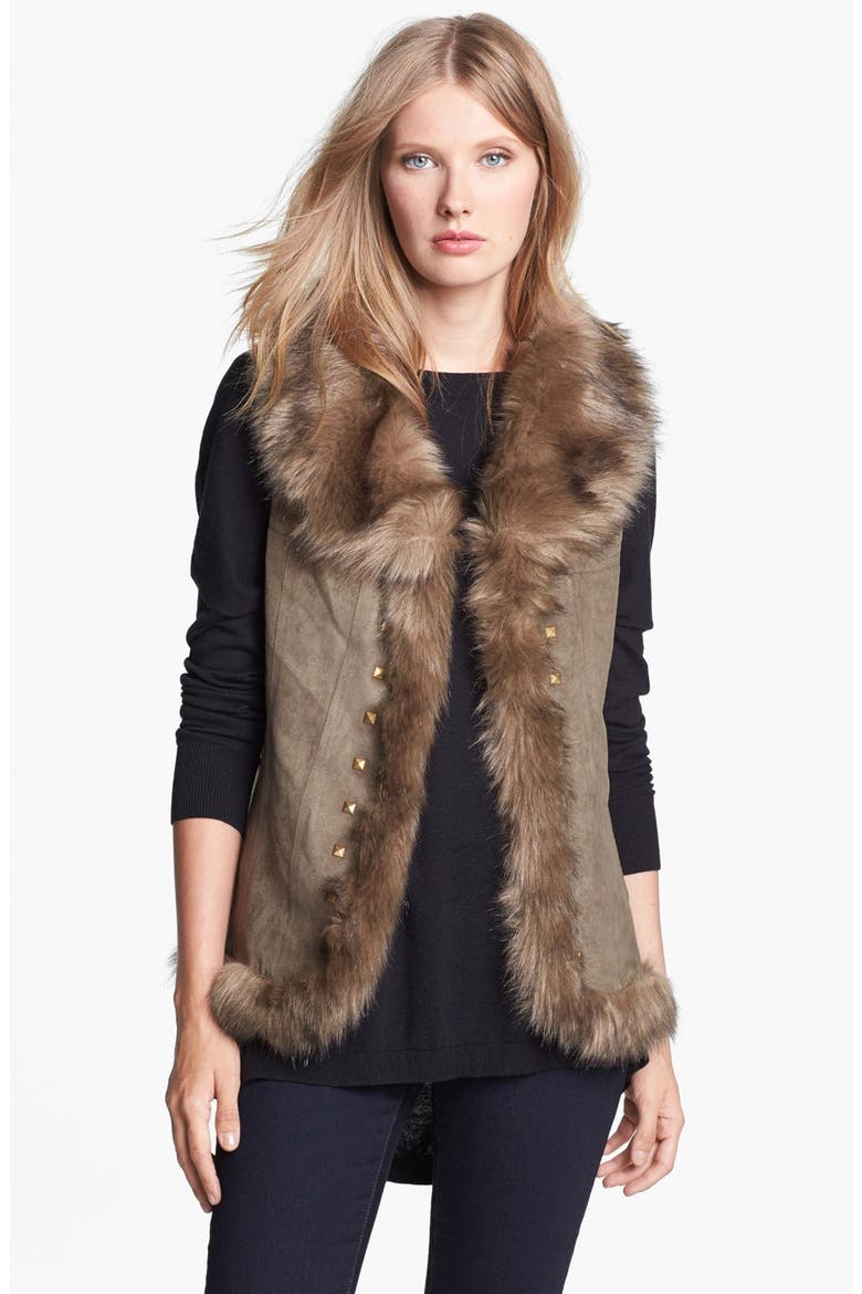 Faux Fur Trim Vest, Main, color, BEIGE