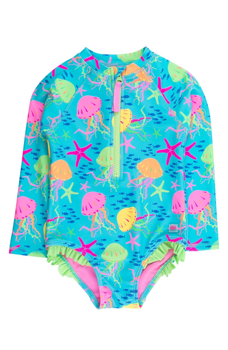RuffleButts Girls UPF50+ Sun Protection Long Sleeve Rash Guard One Piece, Main, color, Neon Jelly Time