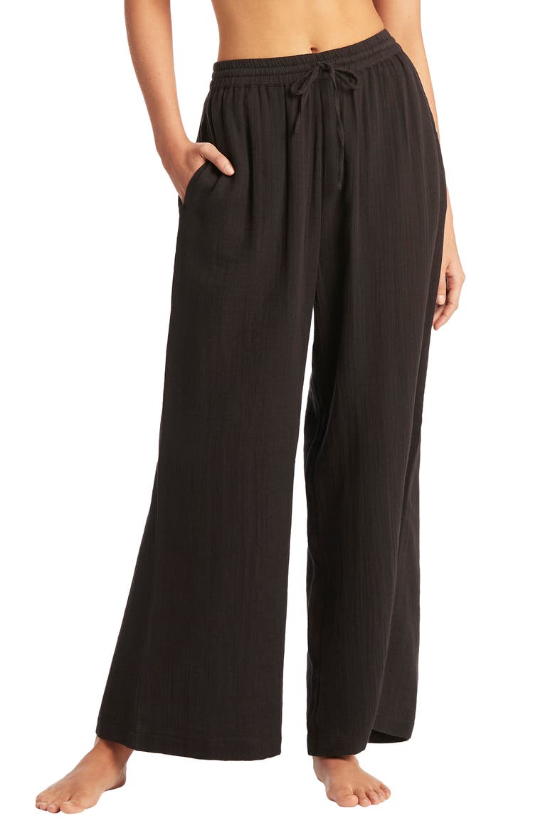 Sunset Beach High Waist Cotton Gauze Cover-Up Pants, Main, color, BLACK