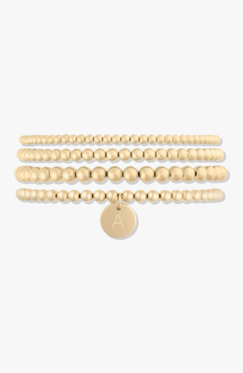 CUFFED BY NANO Classic Initial Coin 14k Gold Filled Bead Four Bracelet Stack, Main, color, Gold F