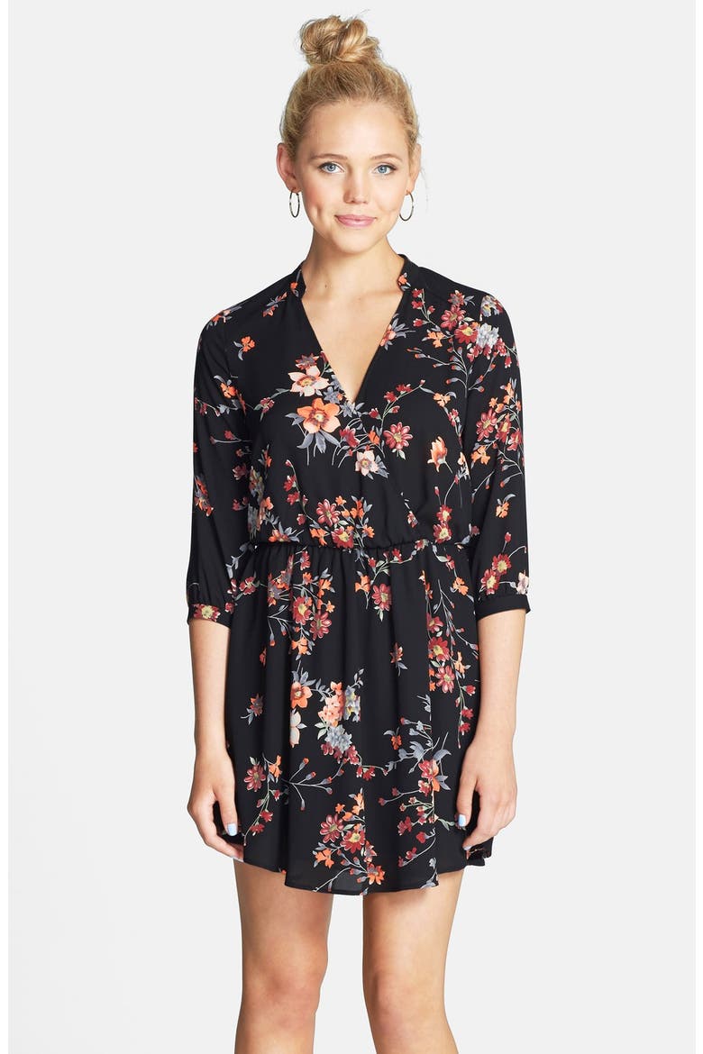 Lush 'Kendal' Floral Print Surplice Faux Wrap Dress, Main, color, BLACK FLORAL