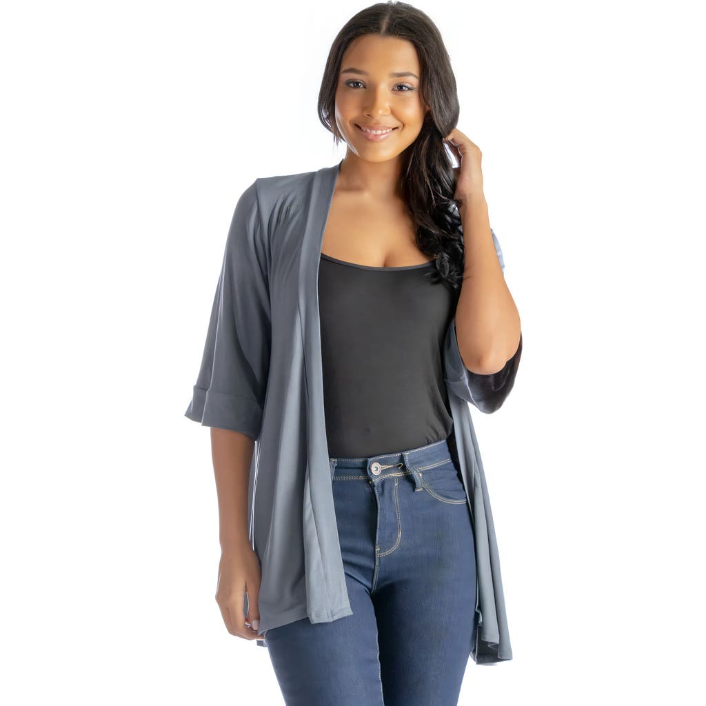 24seven Comfort Apparel Open Front Elbow Length Sleeve Cardigan In Gray