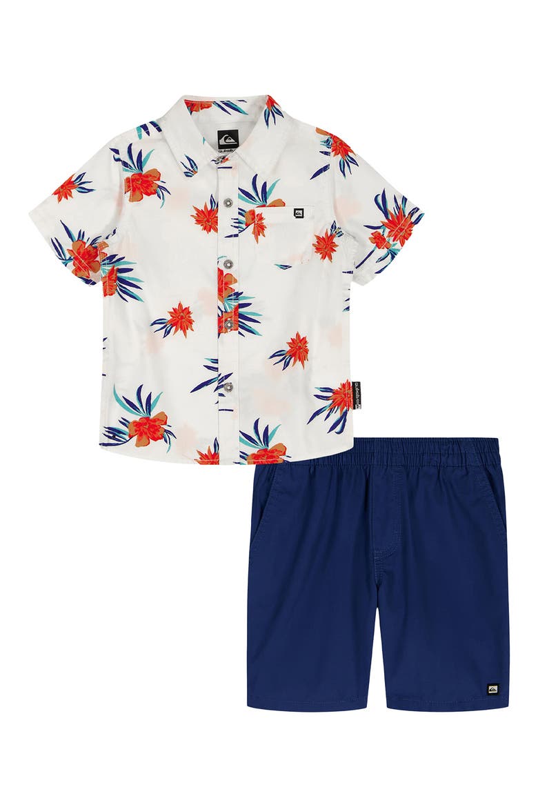 Kids' Print Short Sleeve Button-Up Shirt & Woven Shorts Set, Main, color, WHITE/ BLUE MULTI