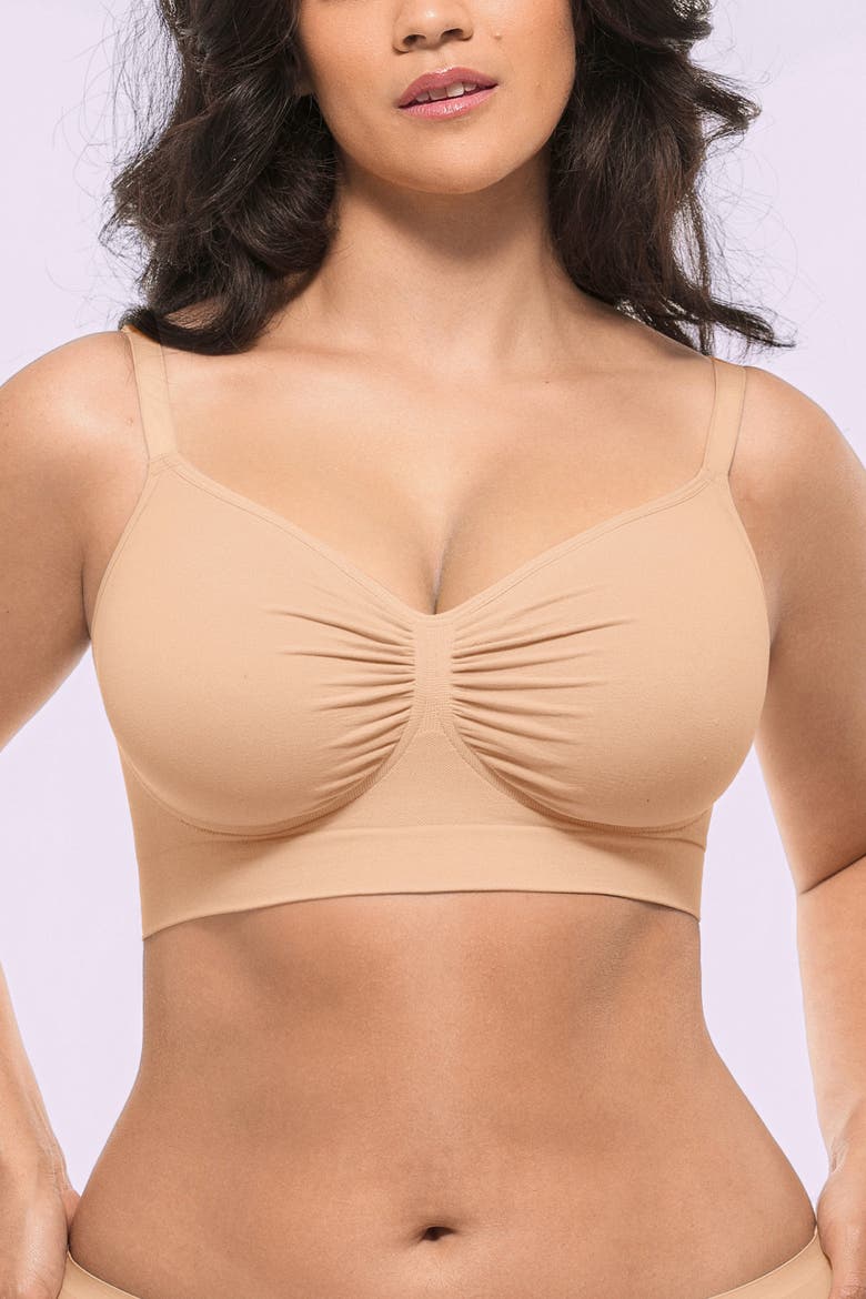 Wireless Seamless Comfy Non Padded V Neck Bra, Alternate, color, Beige