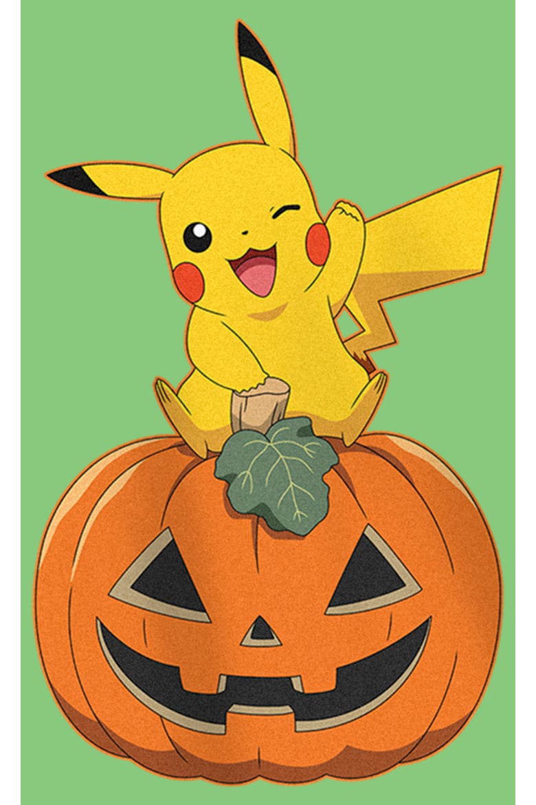 Girl's Pokemon Halloween Pikachu Jack-O'-Lantern  Graphic T-Shirt, Alternate, color, Green Apple
