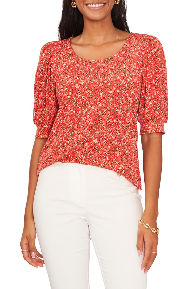 Chaus Floral Puff Sleeve Jersey Blouse, Main, color, Red