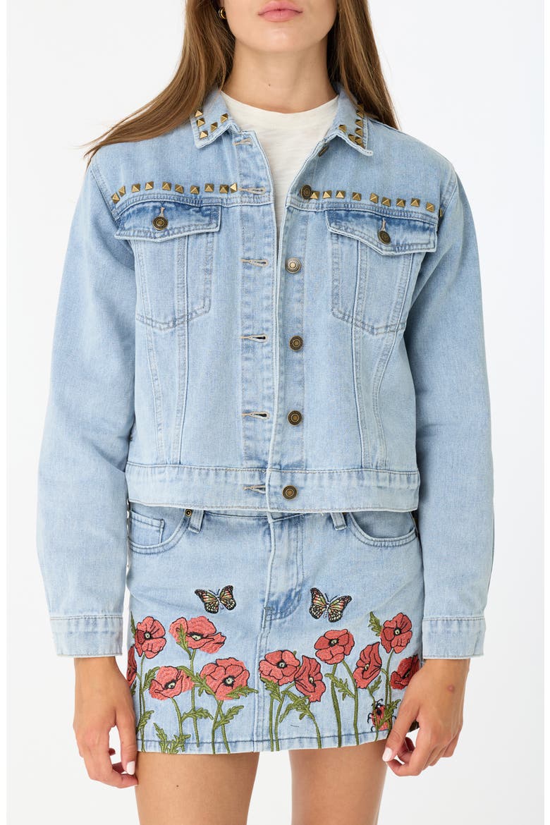 Nina Studded Denim Trucker Jacket, Main, color, LIGHT WASH