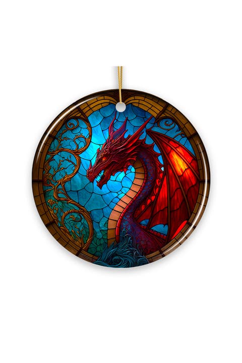 Fierce Red Dragon Stained Glass Style Ceramic Ornament