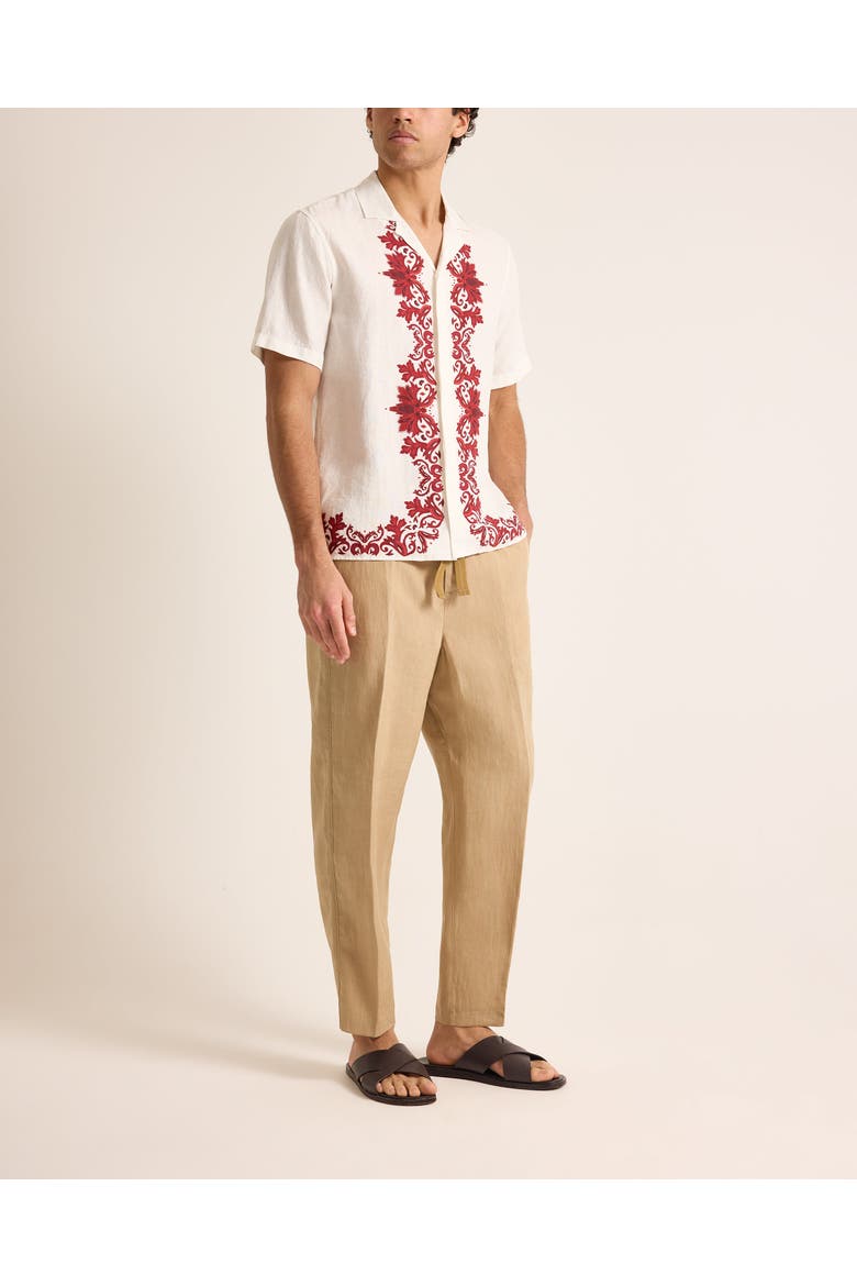 Maitan Linen Relaxed Fit Linen Mirabello Border Shirt, Main, color, White/Vermillion