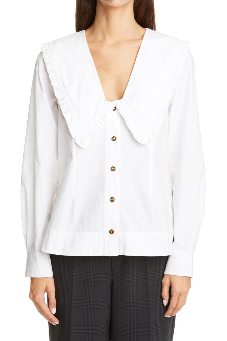 Ruffle Collar Cotton Poplin Shirt, Main, color, BRIGHT WHITE