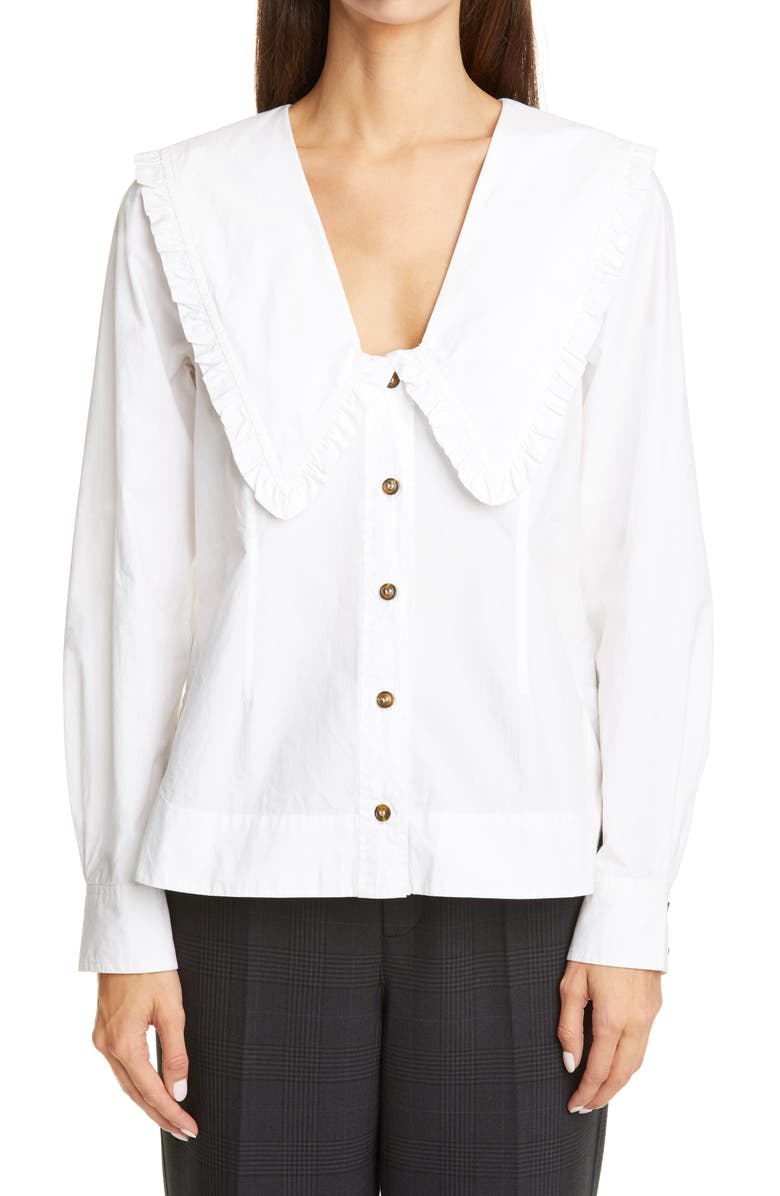 Ganni Ruffle Collar Cotton Poplin Shirt, Main, color, 