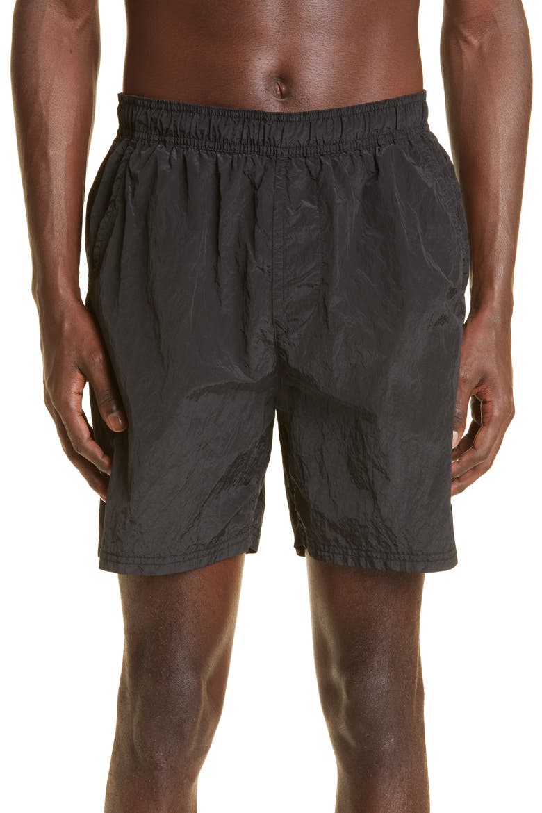 Logo Patch Nylon Metal Swim Trunks, Main, color, BLACK