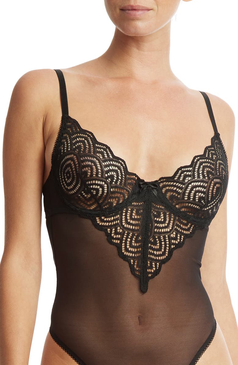 Hanky Panky Strappy Mesh & Lace Underwire Teddy, Alternate, color, Black