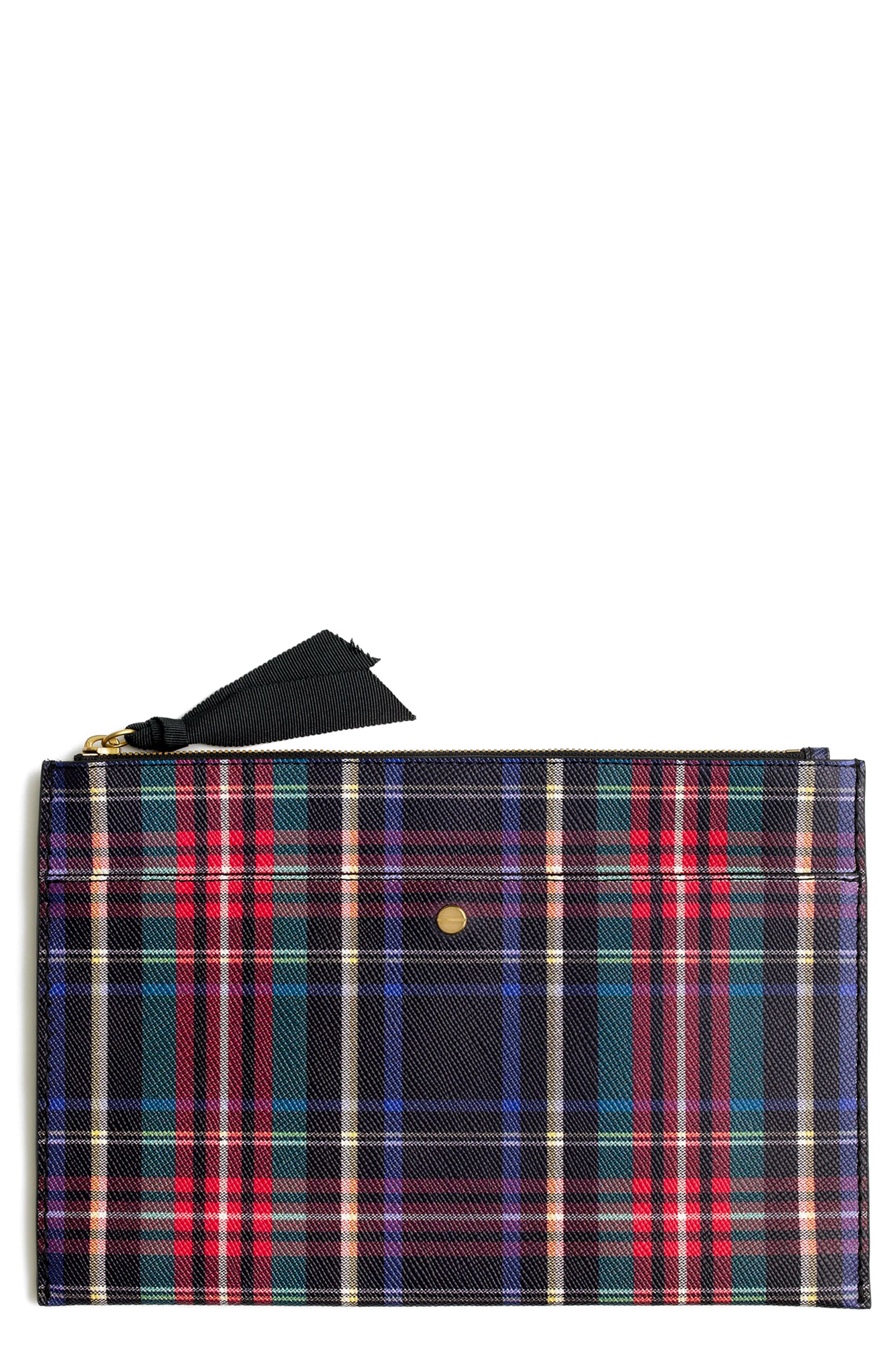 J.Crew Large Stewart Plaid Italian Leather Pouch, Main, color, GERANIUM JADE BLACK