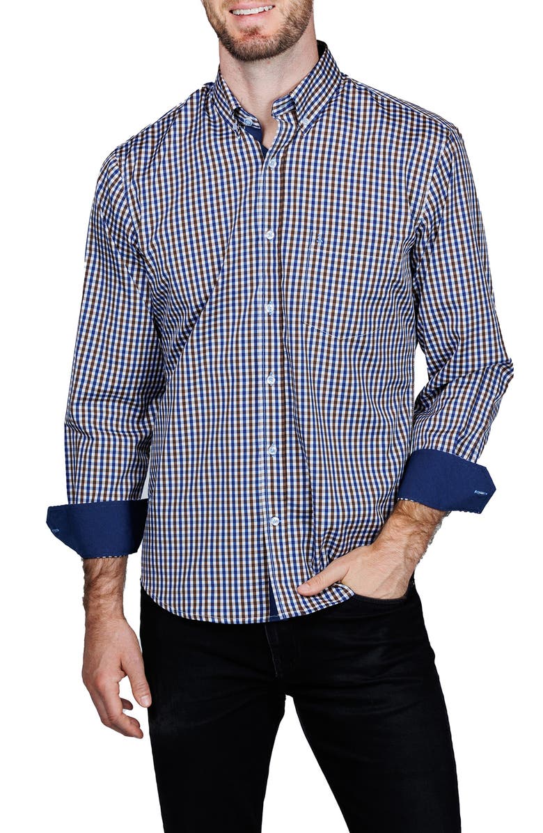 TailorByrd Classic Fit Check Print Performance Button-Down Shirt, Alternate, color, Brown