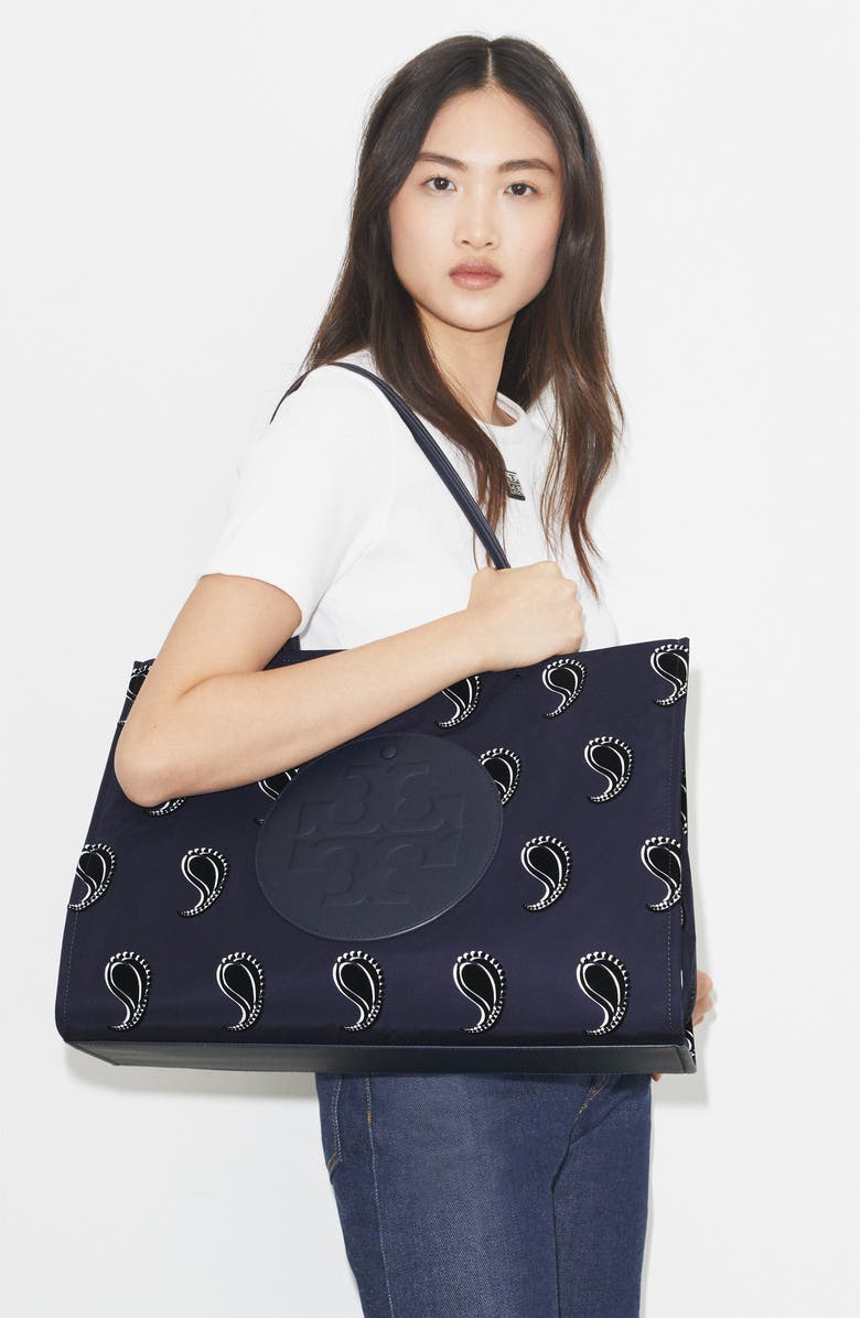 Tory Burch Ella Print Tote, Alternate, color, Medium Navy Pajama Print