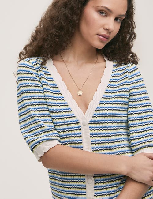 Finery London Willa Short Sleeve Striped Cardigan In Blue