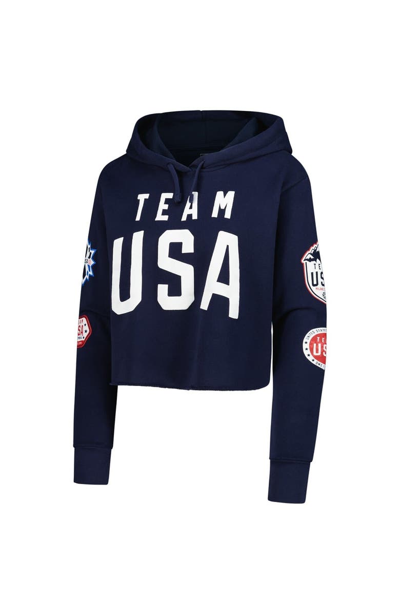 Outerstuff Women's Navy Team USA Flag & Patches Fleece Cropped Pullover Hoodie, Alternate, color,