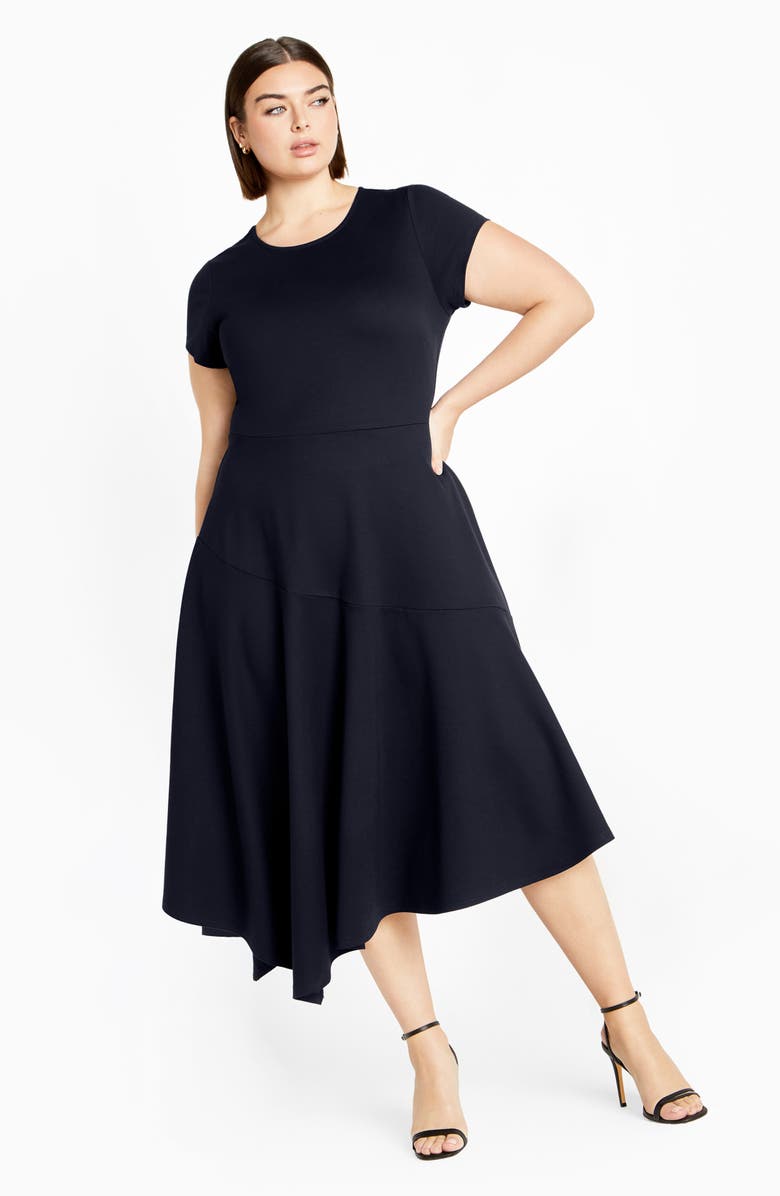 City Chic Sunny Asymmetric Hem Ponte Dress, Alternate, color, Navy