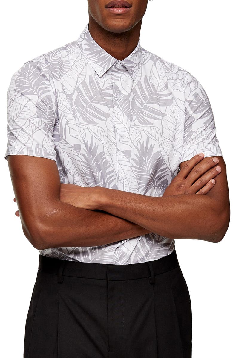 Topman Leaf Print Short Sleeve Button-Up Shirt, Main, color, 