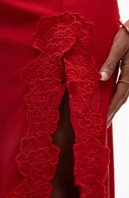 Topshop Floral Embroidered Cotton Midi Skirt In Red