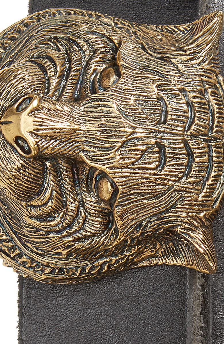 Gucci Tiger Head Leather Belt, Alternate, color, 