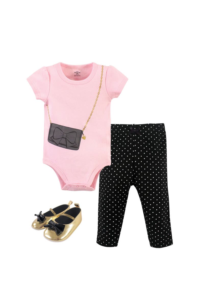 Little Treasure Little One's Cotton Outfit Set Bodysuit, Pants, and Matching Shoes, Main, color, Classic Black Purse