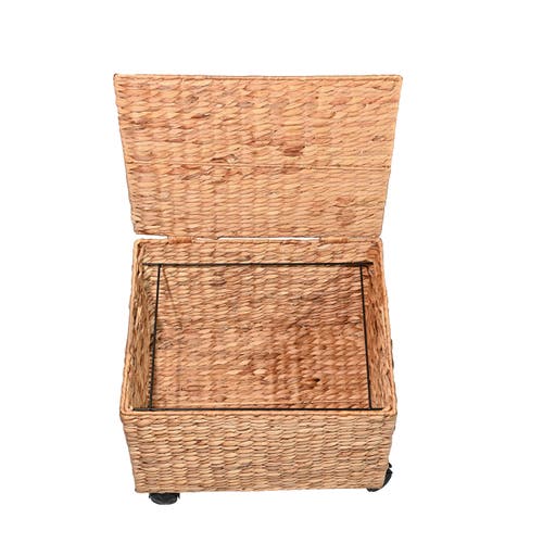 Happimess Ashton Classic Farmhouse Handwoven Hyacinth Rolling Filing Basket With Lid And 360 Degree  In Natural