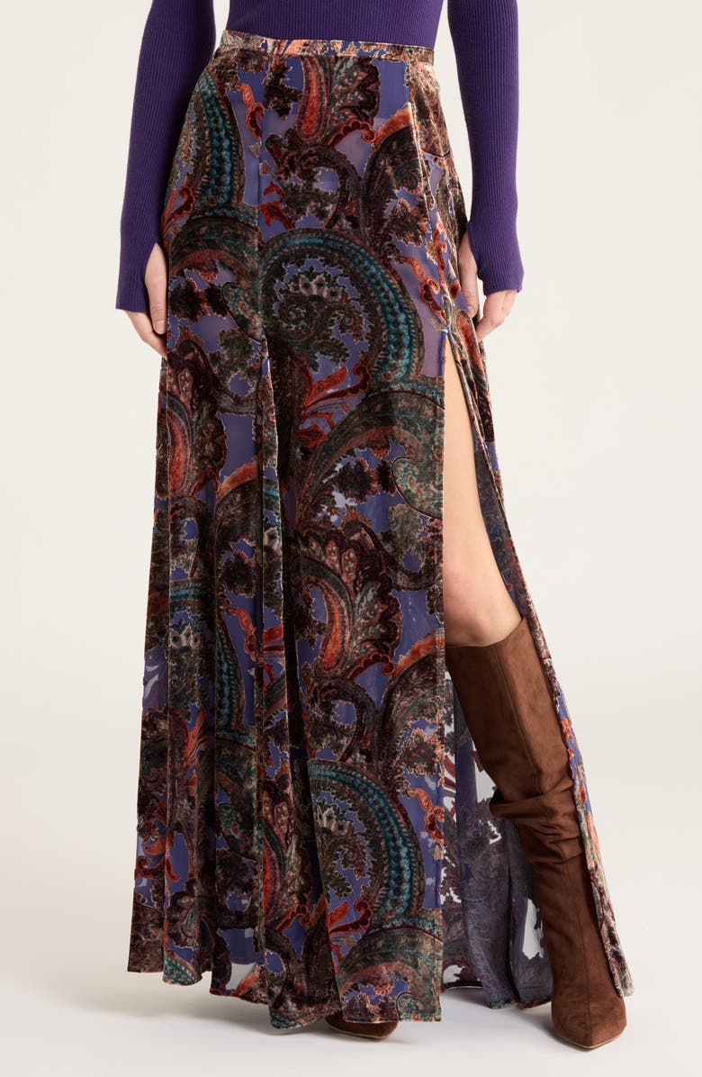 L'AGENCE Luca Burnout Velvet Full Maxi Skirt, Main, color, Periwinkle French Paisley