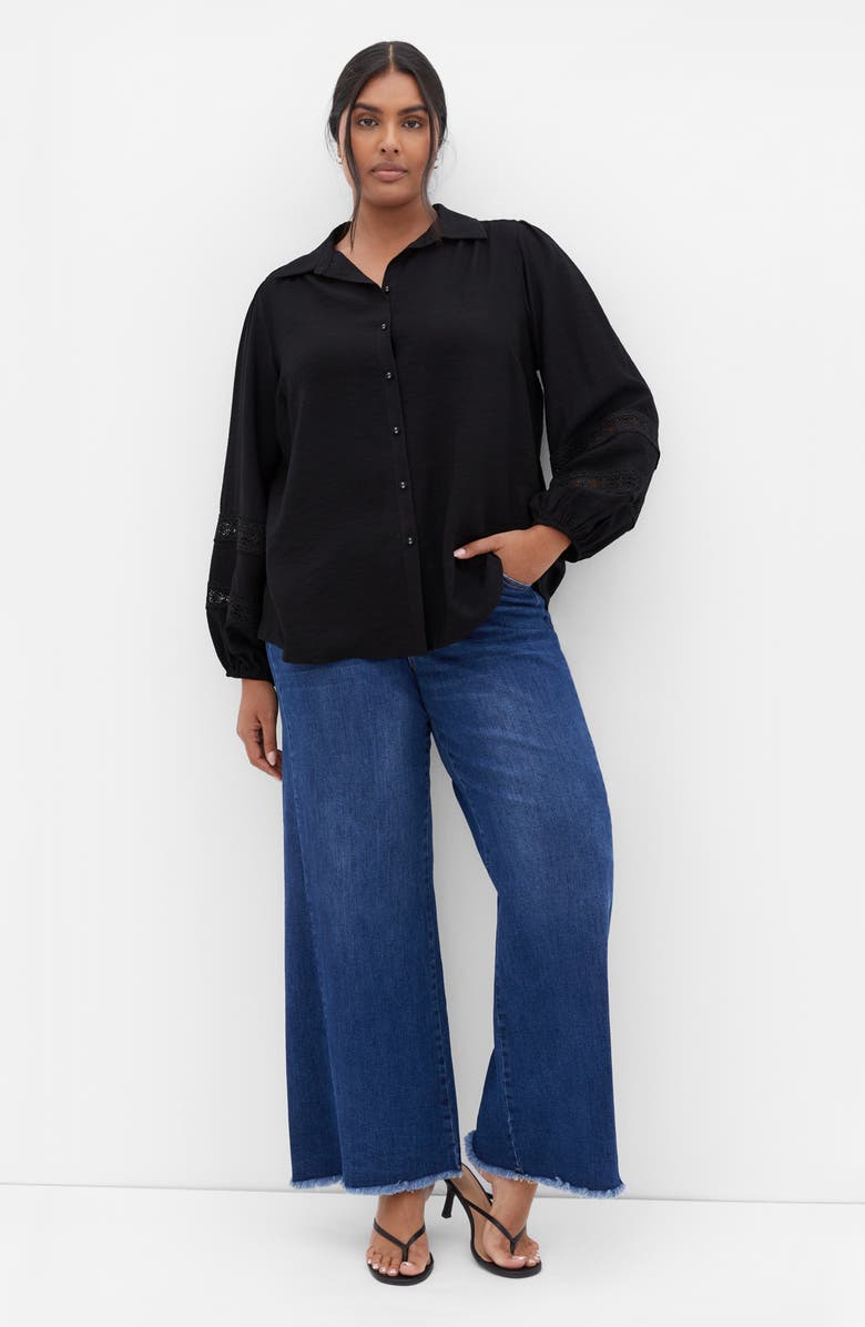 City Chic Deanna Lace Trim Shirt, Alternate, color, Black