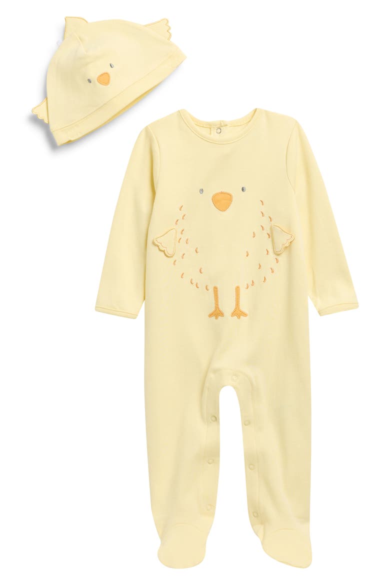 Chick Cotton Footie & Hat Set, Main, color, YELLOW