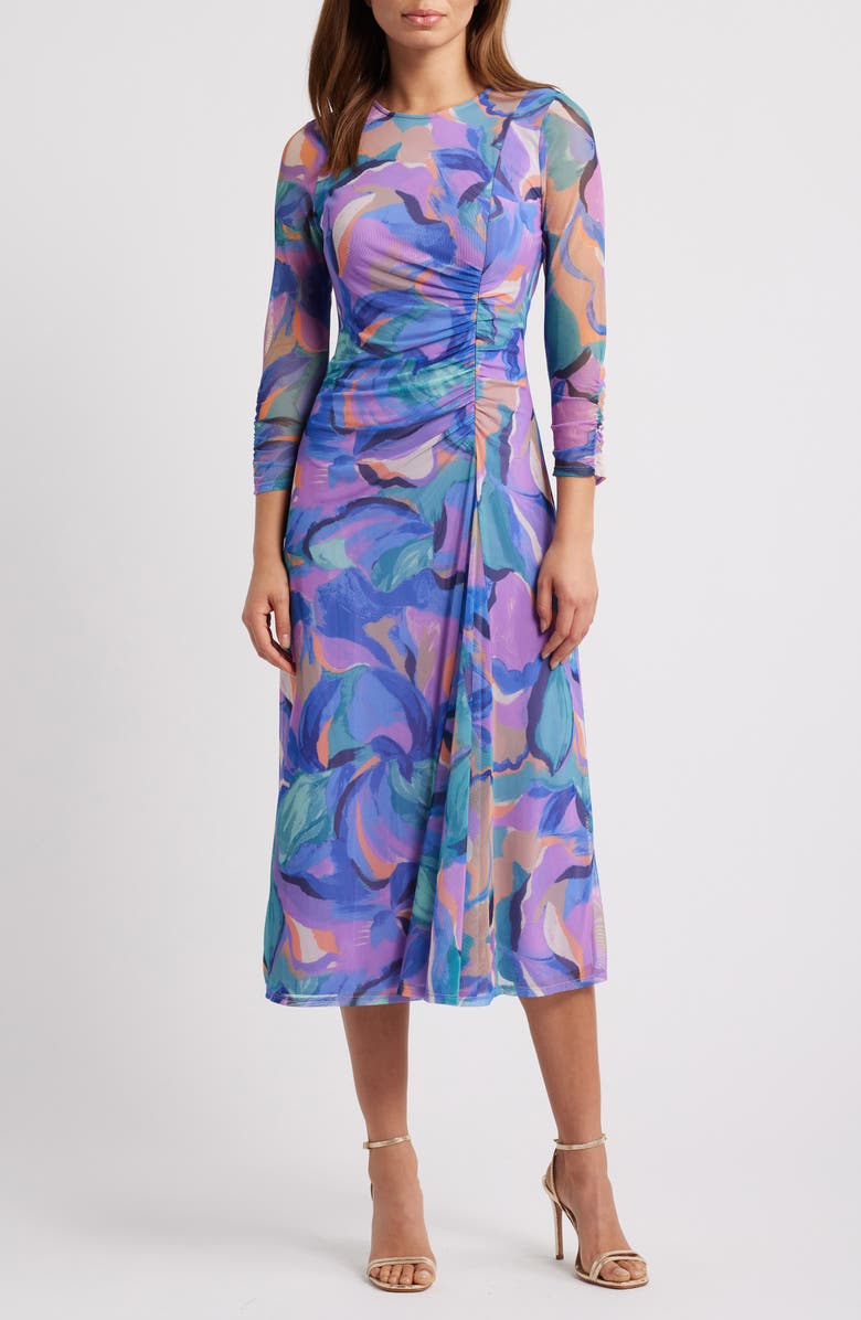Vince Camuto Abstract Floral Long Sleeve Mesh Midi Dress, Main, color, Purple Multi