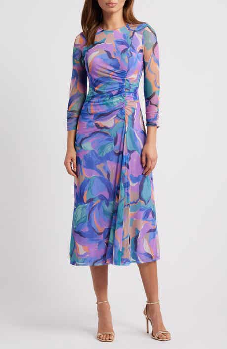 Vince Camuto Abstract Floral Long Sleeve Mesh Midi Dress
