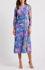 Vince Camuto Abstract Floral Long Sleeve Mesh Midi Dress