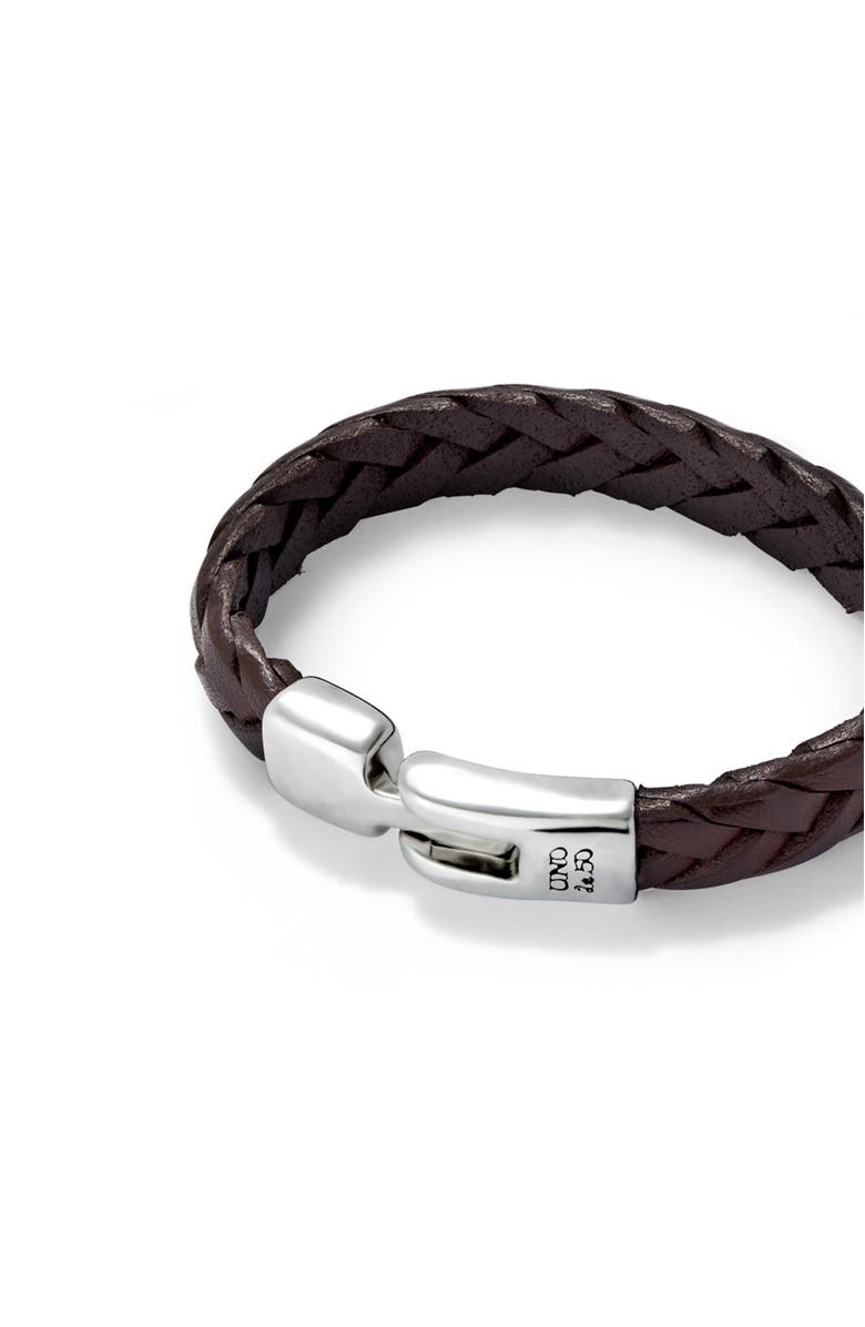 UNODE50 Cognac color braided leather sterling silver-plated bracelet with clasp., Alternate, color, Brown