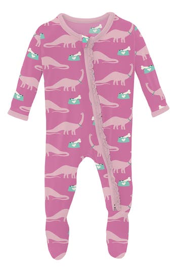 Kickee Pants Dino Print Zip Footie In Pink