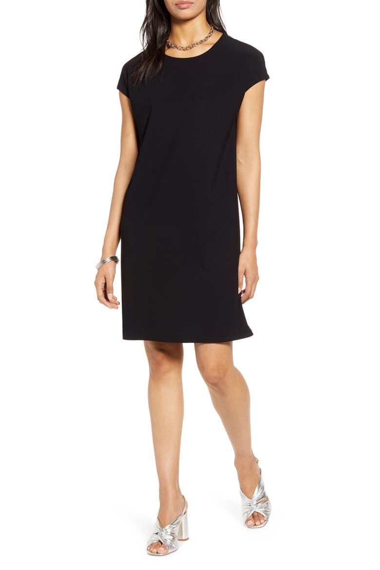 Cap Sleeve Jersey Shift Dress, Main, color, BLACK