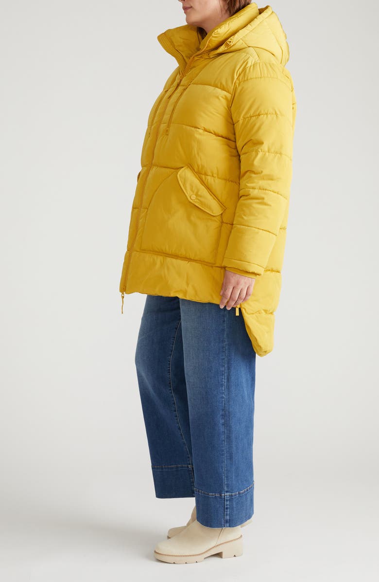 Universal Standard Matterhorn Hooded High-Low Puffer Coat, Alternate, color, Mustard Yellow