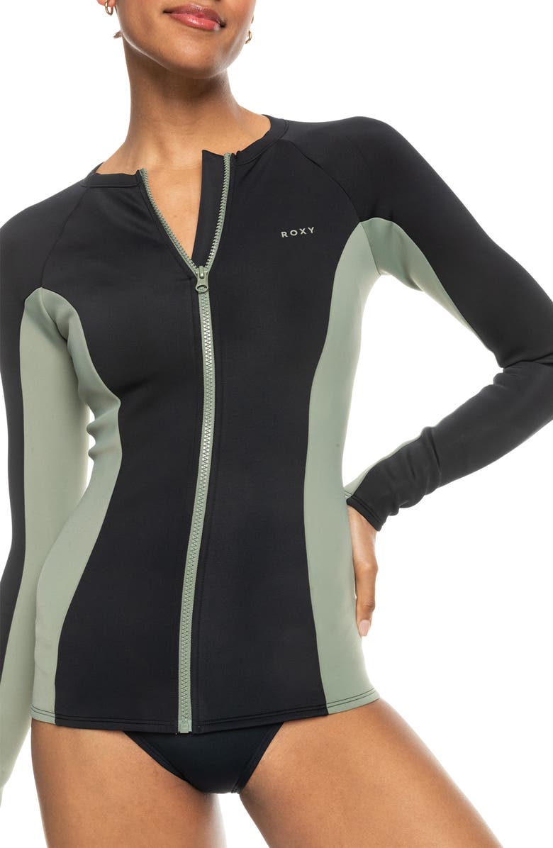 Roxy Pro Performance Long Sleeve Zip-Up Rashguard, Main, color, Anthracite