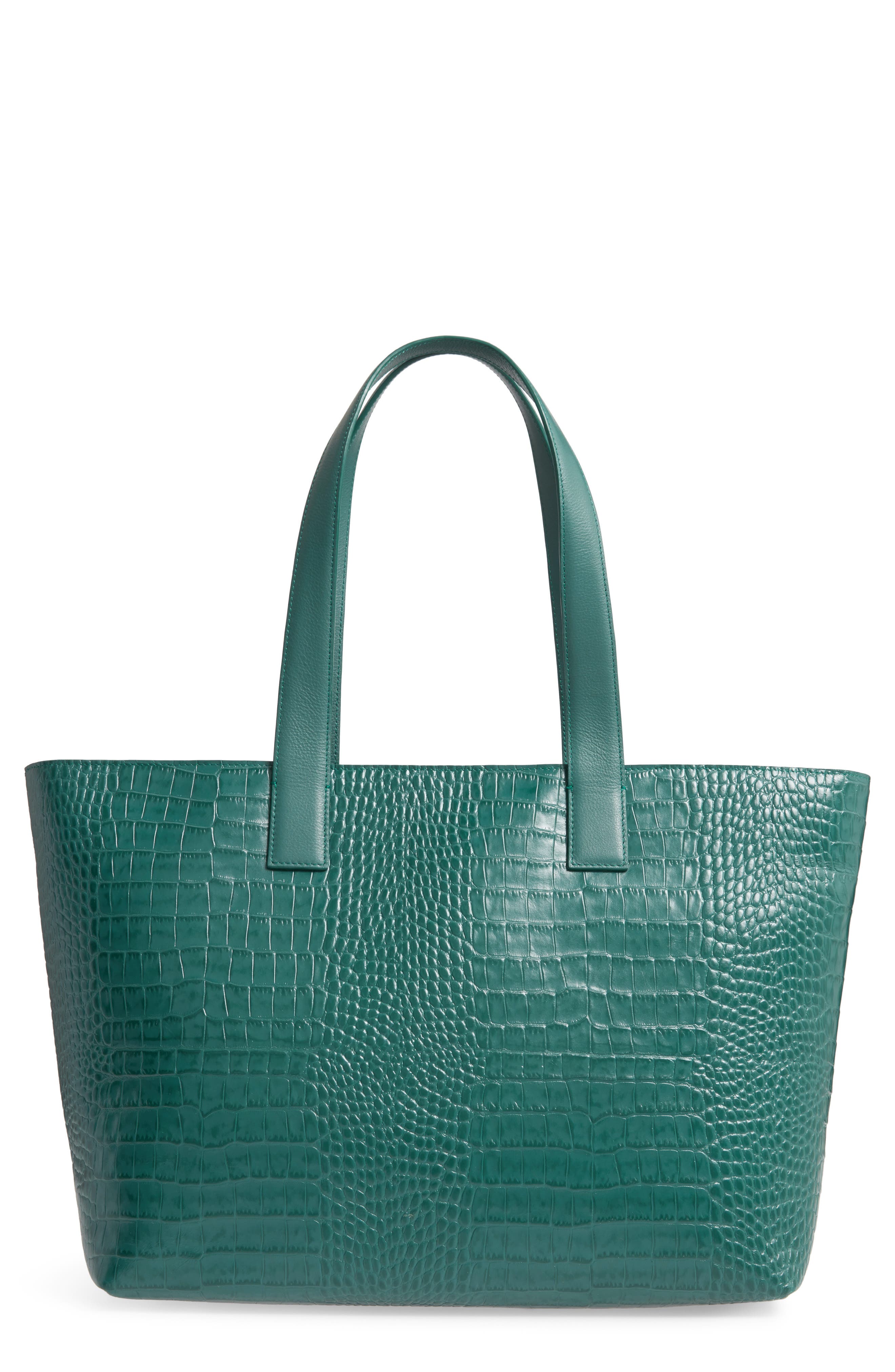 Celia Croc Embossed Leather Tote, Main, color, GREEN CADMIUM