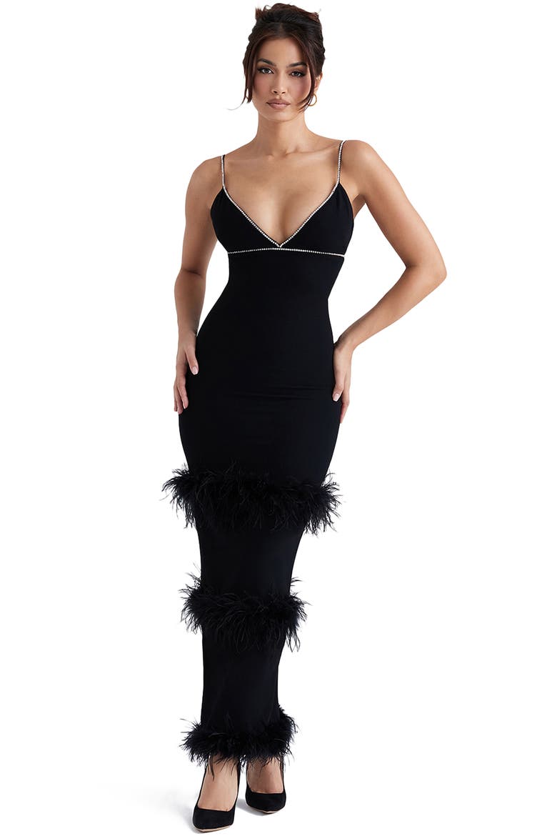 Maricel Feather Trim Cocktail Dress, Alternate, color, BLACK